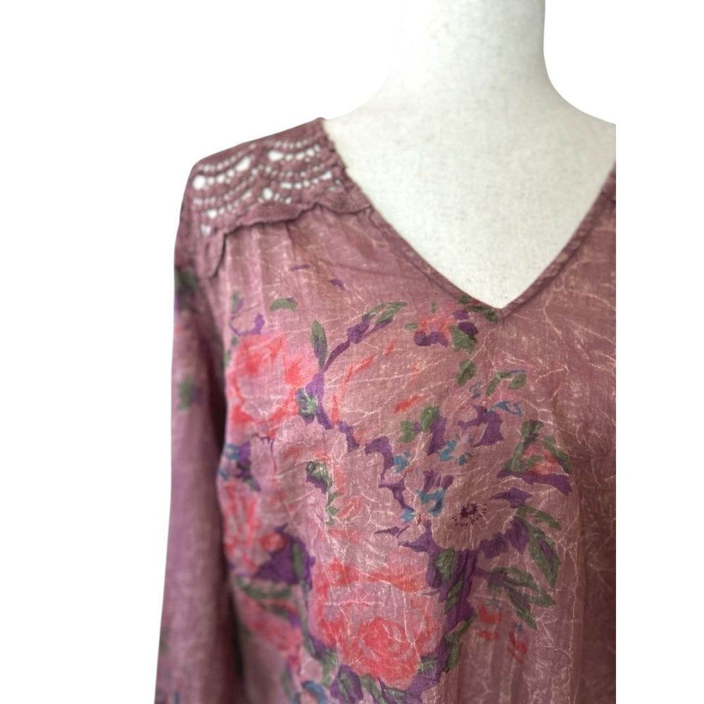 NEW Vintage Goa Burgundy Floral Cotton V-Neck Top Long Sleeve M Boho Autumn